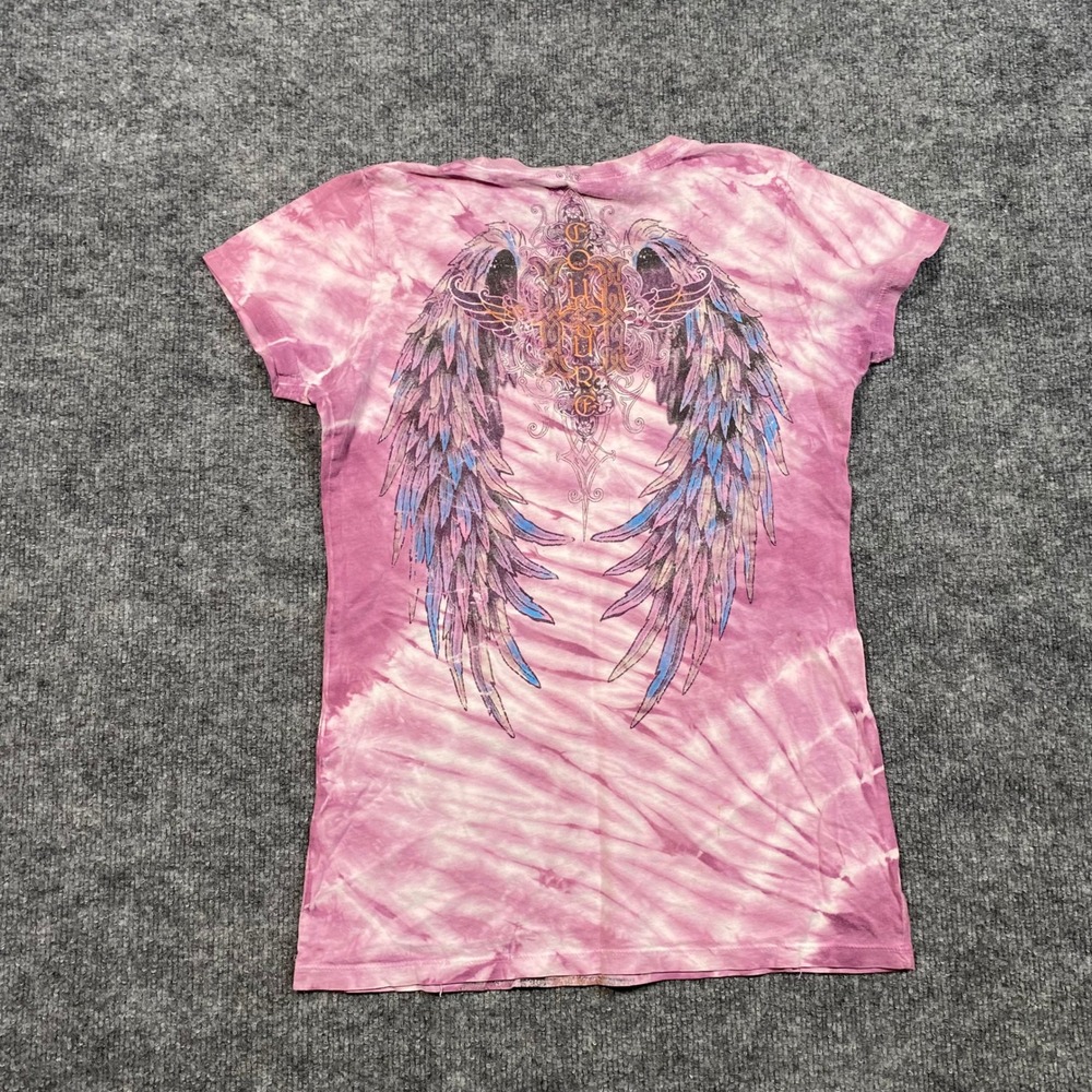 Hierarchy Couture Pink Tie Dye Angel Wings Roses Graphic Tee Shirt Womens Medium